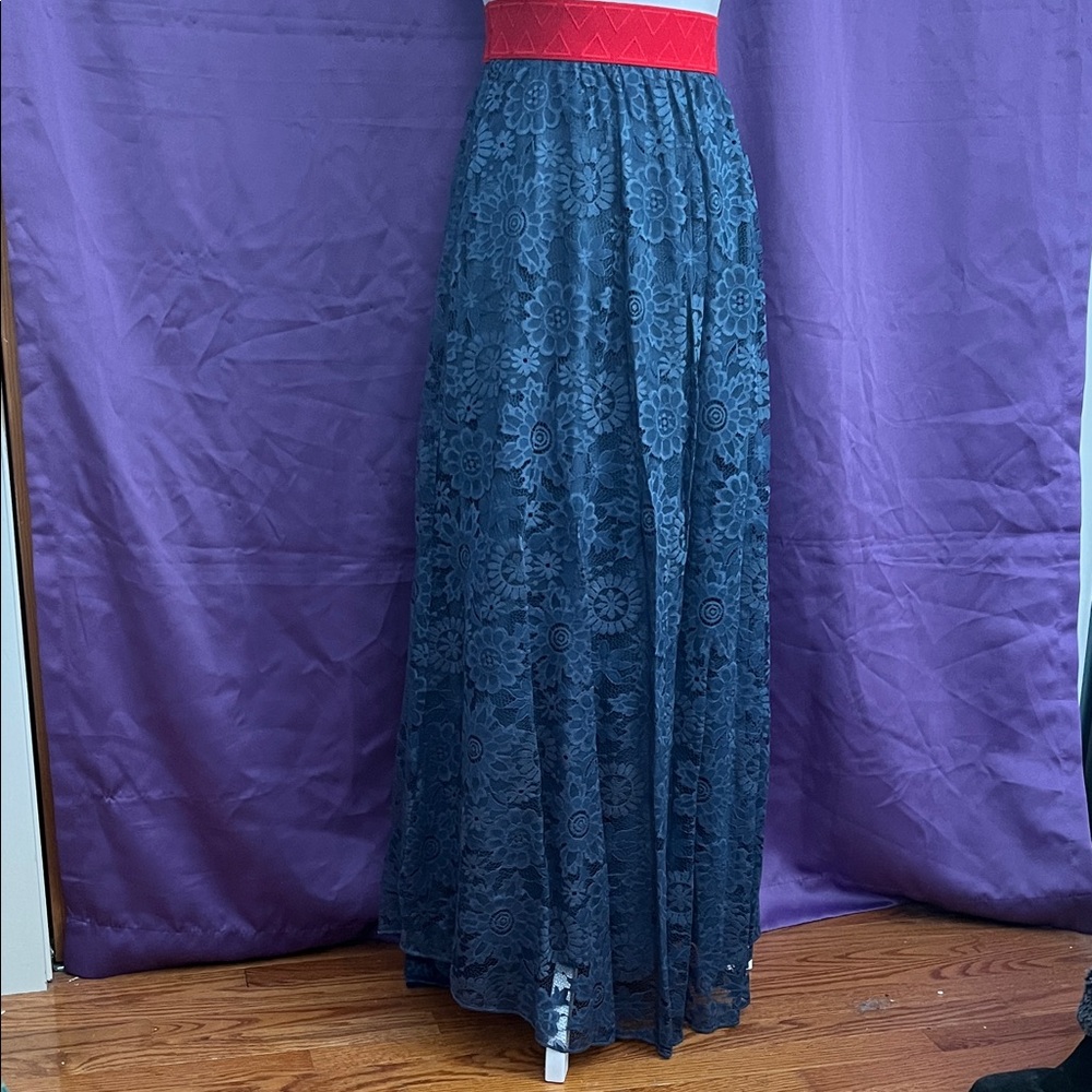 LuLaRoe Navy and Red Floral Lace Maxi Skirt